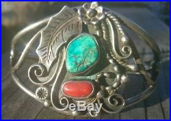 Raresterling Silver Turquoise Red Coral Squash Blossom Bracelet By D&l Clark