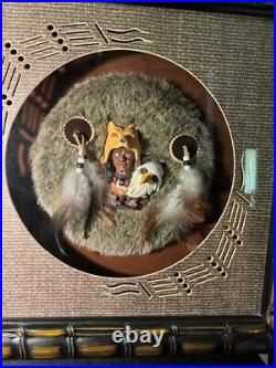 Reduced Very Rare Native American Folk Art Chief/wolf/eagle Shadowbox Wood/glass