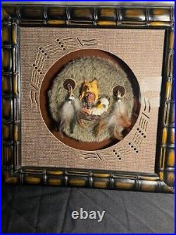 Reduced Very Rare Native American Folk Art Chief/wolf/eagle Shadowbox Wood/glass