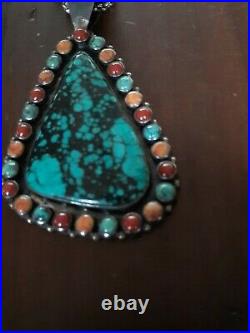 Renelle Perry Turquoise & Multi Stone Sterling Silver Large Pendant & Chain Rare