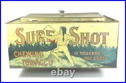 SURE SHOT Chewing Tobacco Dispensing TIN Store Bin Native American Litho RARE