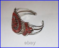 Signed OLD ZUNI STERLING SILVER Cluster CUFF Red Coral Petit Point S Pinto RARE