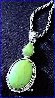 Signed S. F. Navajo 925 Silver RARE Large Green Turquoise Pendant and 21 Chain