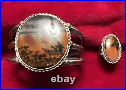 Silver Cuff Heavy Bracelet &Ring set Set Native American Antique Moss Agate Rare