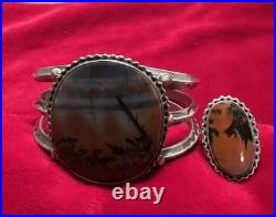 Silver Cuff Heavy Bracelet &Ring set Set Native American Antique Moss Agate Rare