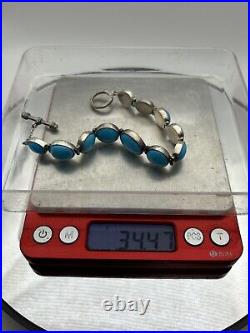 Turquoise Silver Bracelet 8in 34.47 Grams Silver Rare Vintage Flawless Turquoise