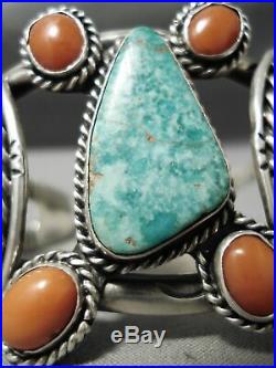 Ultra Rare Vintage Navajo Royston Turquoise Coral Sterling Silver Bracelet