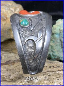 VERY RARE! Hopi Victor Coochwytewa Sterling Silver, Coral & Turquoise Bracelet