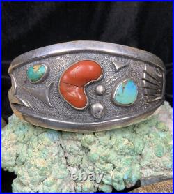 VERY RARE! Hopi Victor Coochwytewa Sterling Silver, Coral & Turquoise Bracelet