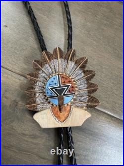 VINTAGE Aloha Western Native American Bolo Tie By LR Wood RARE