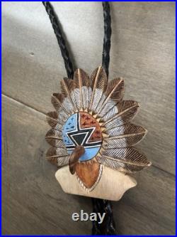 VINTAGE Aloha Western Native American Bolo Tie By LR Wood RARE