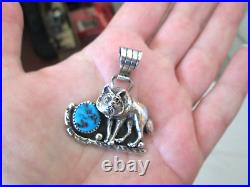 VINTAGE NAVAJO Wolf Pendant Sterling Silver Turquoise Running Bear RB 3D RARE