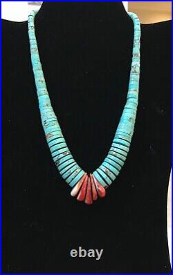 VTG Native American Graduated Sliced Turquoise and Spiny Oyster Necklace. RARE