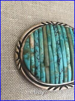 VTG Pete Sierra Sterling Silver Belt Buckle Channel Inlay Turquoise RARE Signed