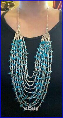 VTG RARE 10-Strand Native American Necklace KINGMAN Turquoise Sterling Old Pawn