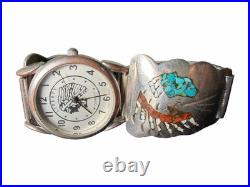 VTG RARE Native American Signed TIC Watch Band Cuff Chief Thunderbird Turquoise