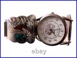 VTG RARE Native American Signed TIC Watch Band Cuff Chief Thunderbird Turquoise