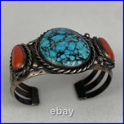 VTG Rare Native American Navajo Turquoise Silver Cuff Bracelet Coral Opal