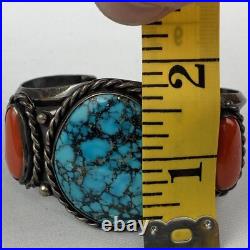 VTG Rare Native American Navajo Turquoise Silver Cuff Bracelet Coral Opal