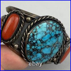 VTG Rare Native American Navajo Turquoise Silver Cuff Bracelet Coral Opal