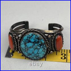 VTG Rare Native American Navajo Turquoise Silver Cuff Bracelet Coral Opal