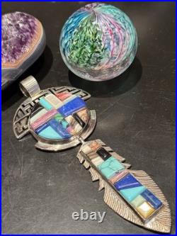 Very Rare Alvin Yellowhorse Raised Cobblestone Inlay 5 1/4long Feather Pendant