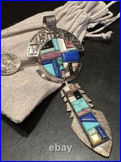 Very Rare Alvin Yellowhorse Raised Cobblestone Inlay 5 1/4long Feather Pendant