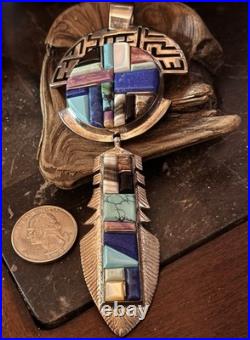 Very Rare Alvin Yellowhorse Raised Cobblestone Inlay 5 1/4long Feather Pendant