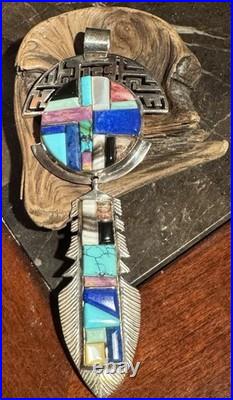 Very Rare Alvin Yellowhorse Raised Cobblestone Inlay 5 1/4long Feather Pendant