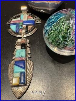 Very Rare Alvin Yellowhorse Raised Cobblestone Inlay 5 1/4long Feather Pendant