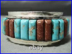 Very Rare Heavy Vintage Navajo #8 Turquoise Inlay Sterling Silver Bracelet