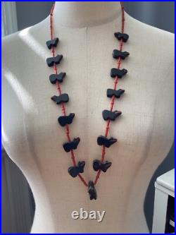 Very Rare Native American Indian Peterson Jaun Onyx Coral Bear Necklace Nr