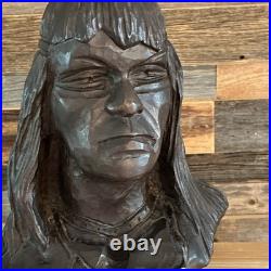 Vintage 10.5 Hand Carved Native American Chief Bust Wood Sculpture Rare Unique