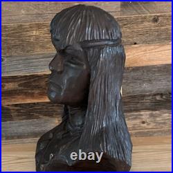 Vintage 10.5 Hand Carved Native American Chief Bust Wood Sculpture Rare Unique