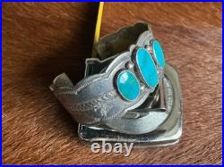 Vintage Fred Peshlakai Cuff! Rare! Wow! Hallmarked, 3 Blue Cabs, Rare! Size 7