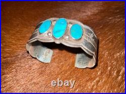 Vintage Fred Peshlakai Cuff! Rare! Wow! Hallmarked, 3 Blue Cabs, Rare! Size 7