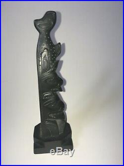 Vintage Haida Native American Argillite Totem Pole 7 tall Rare fish top Ca 1910