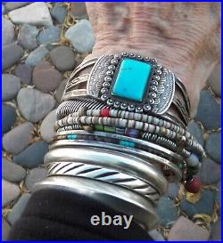 Vintage Harvey Era Silver Rare Hubbell Glass Turquoise Stamped Cuff Bracelet