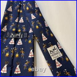 Vintage Hermes Tie 100% Silk 90s Blue Rare Native American Pattern Mens Hermès