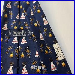 Vintage Hermes Tie 100% Silk 90s Blue Rare Native American Pattern Mens Hermès
