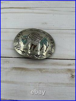 Vintage J Nezzie Belt Buckle Turquoise Coral Inlayed Buffalo Silver Rare