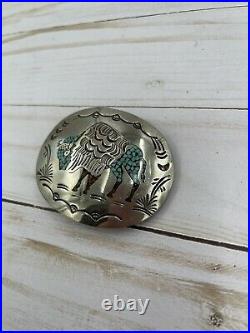 Vintage J Nezzie Belt Buckle Turquoise Coral Inlayed Buffalo Silver Rare