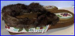Vintage Native American Beaded Fur Trim Moccasins. Handmade Rare First Nations