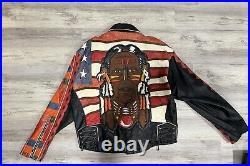 Vintage Native American Indian Motorcycle Biker Leather Jacket USA Flag Rare L
