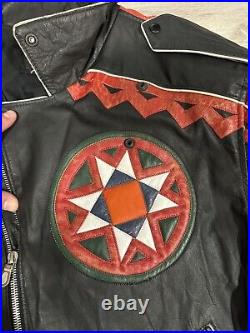 Vintage Native American Indian Motorcycle Biker Leather Jacket USA Flag Rare L