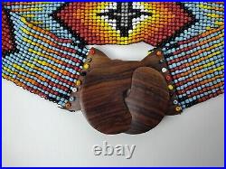 Vintage Native American Indian beaded belt with Wood Buckle, Stretch RARE UNIQUE