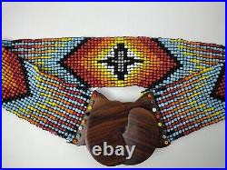Vintage Native American Indian beaded belt with Wood Buckle, Stretch RARE UNIQUE