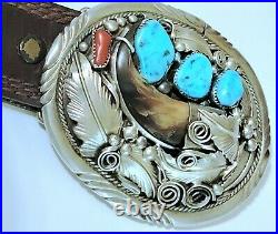 Vintage Native American Navajo Sterling Silver Belt Buckle Turquoise Coral -RARE