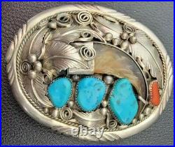 Vintage Native American Navajo Sterling Silver Belt Buckle Turquoise Coral -RARE