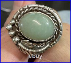 Vintage Native American Sterling Silver Handmade Celedon Green Jade Ring Rare